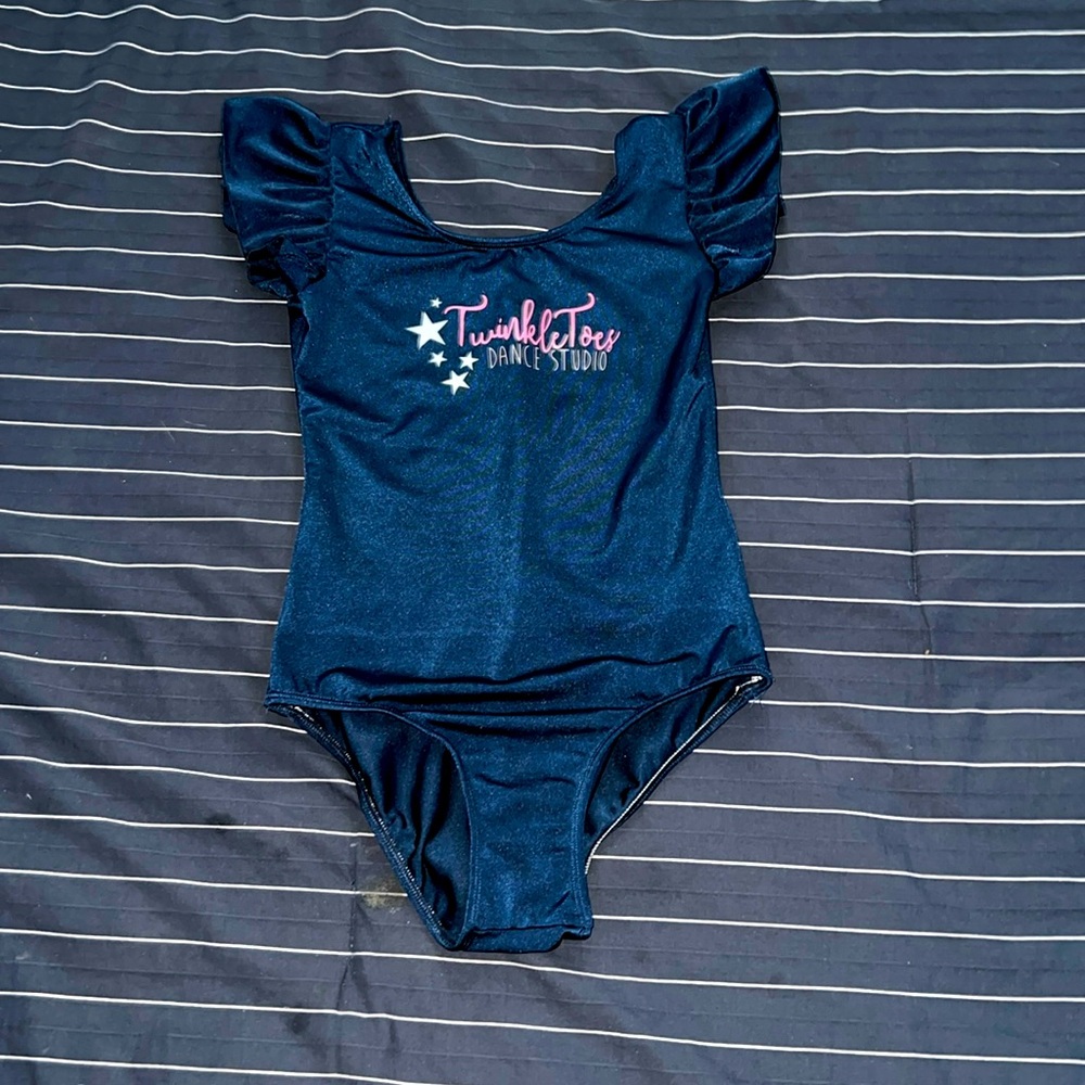 Dark blue leotard Twinkle Toes Dance Studio logo & Colorful Rainbow Tutu Skirt